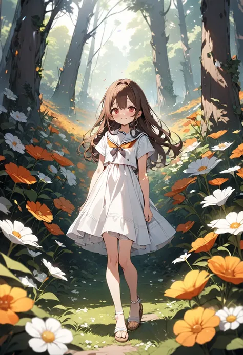 (brown long hair:1.3), (red eyes:1), (smiling:1), (cute:1), (wearing a white sailor dress:1), (wearing sandals:1), (standing in a field of Ominaeshi flowers:1), (daylight:1)
best quality,masterpiece,natural lighting,super fine illustration,high resolution,...