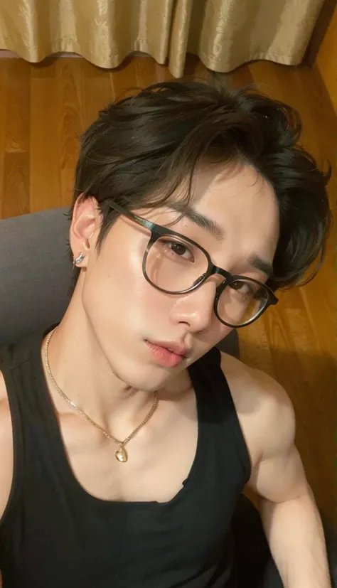 Man with a messy hair sitting on a sofa, Jungkook, Yoongi de cabelos pretos, Jiminthe right eyelid is swollen, ele tem 3 5 anos, he has an elongated head shape, hyung tae, taken at the beginning of 2020, adorable and pale korean face, com cabelos curtos, c...