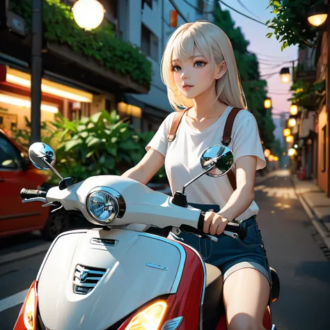 A woman in shorts, straight, with platinum blonde hair, wearing white clothes and riding a bright red scooter. She holds the steering wheel with both hands and sits straight on the scooter, and her gaze is looking forward. The scene looks like an urban out...