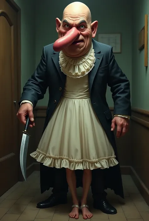 A funny bald prosecutor with big reddish nose and dangerous face, holding a knife in a right hand and wearing a girls dress