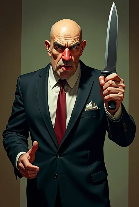 A funny bald prosecutor with big reddish nose and dangerous face, holding a knife in a right hand and wearing a suits