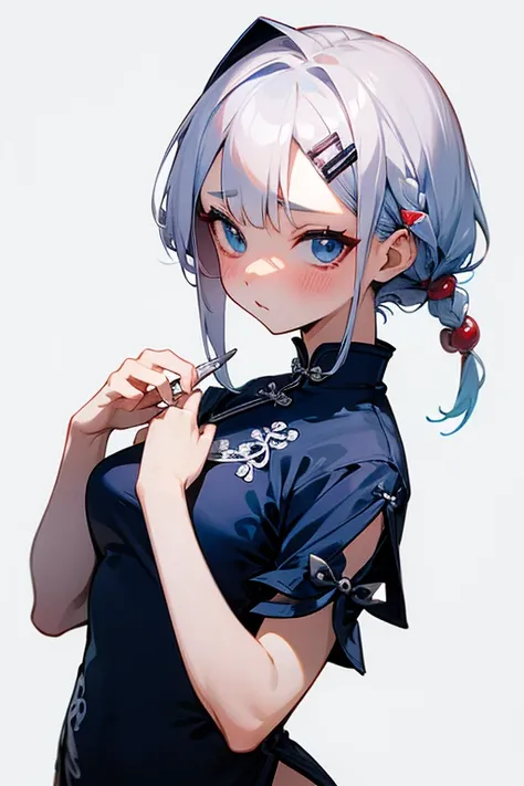 Short white hair, blush, (China dress)、Punk Fashion、Headbang 2.、White and navy blue clothes、Braiding、2 hair clips、