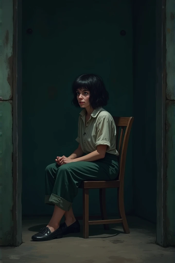 A usually cheerful teacher, who always appears happy in front of others, is seen walking into a dark, shadowy space, their energy fading. The scene shows the teacher, visibly tired, sitting on an old wooden chair in the darkness. The image reflects the ide...