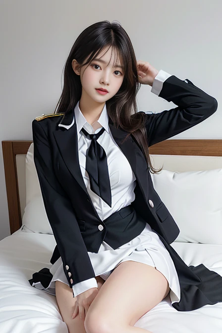 Black blazer, White dress shirt, Delicate white bra, Frightened expression, (Tattered uniform, Torn uniform to underwear), (Good and panties exposed), Good, panties, shirt open, shirt lift, Torn uniform, (A girl lying in bed), Woman in white lingerie posin...