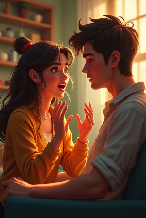 Girl yapping with hand gestures while her boyfriend listens to her with a loving gaze