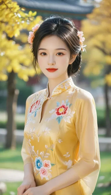 portrait of a beautiful young woman in a chinese cheongsam, smiling and standing, showcasing her thighs, medium shot, vibrant an...