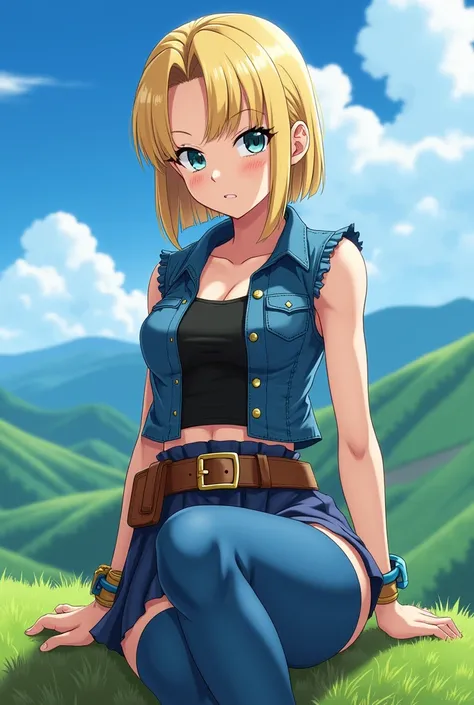 サイドパートのブロンドヘアのAndroid 18, Straight style, デニムベストの上には黒のトップスを着ているAndroid 18. 青いタイツを履いているAndroid 18, ワイドベルト付きのミニスカートのAndroid 18, and brown boots. She is casually sitting on a rock, One knee is up and the other leg is down, In a relaxed pose. The gaze turns to...