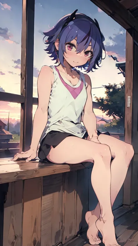 masterpiece, Highest quality, High resolution, Very detailed,((())), (((Sitting far away))), (((evening))), (((rural))), (((barefoot))), (((Tank top))), (((Multicolored Hair))), (((horn))), (((Pink Eyes)))