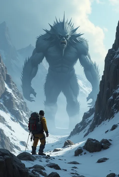 Terrified mountaineer faces giant mountain monster