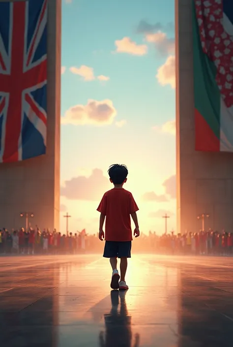 A six-year-old black-haired boy is clearly visible walking on a world stage.