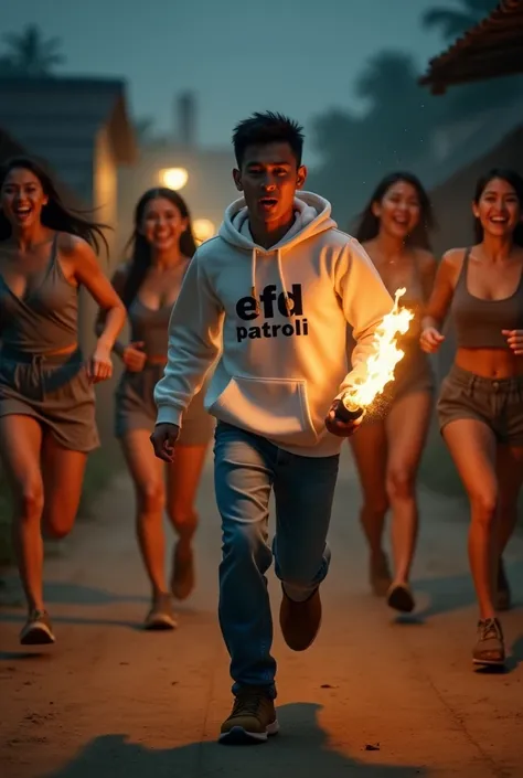 a handsome 2 man from Indonesia, with neat short hair, wearing a white hoodie with the words "EFD PATROLII", and wearing blue jeans and long jungle shoes, was running fast while carrying a fire torch and was afraid of being chased by a group of beautiful, ...