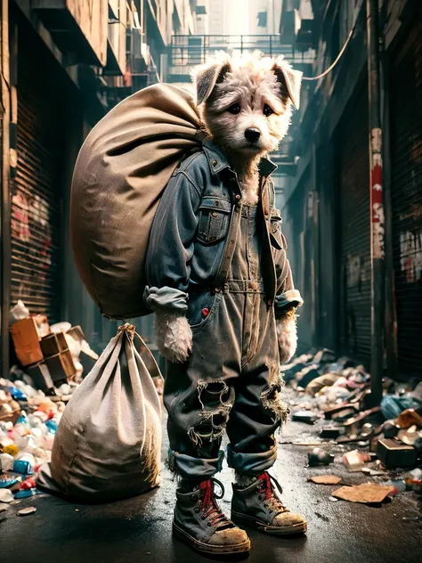 (personification:1.3)，(Very cute puppy)，Dressed in tattered clothes(Grey baseball jacket:1.3)and(Overalls)，(Tattered cloth shoes)，Dragging a bag that is taller than you，Puppy standing in the city street，地上堆满了垃圾and瓶子，original painting style，but、If you chang...