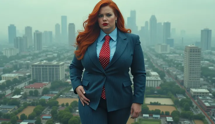 1 woman tie large beautiful curves a massive curvy thighs redhead ponytail red lips wearing a perfect light navy blue pinstriped suit and blazer with a ((massive thick and  massive windosr knot red tie with white dots)) light blue shirt massive breasts. Pl...