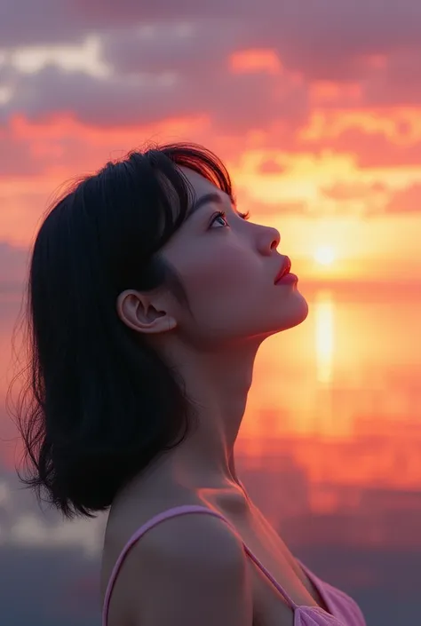 (to rise), (best quality,masterpiece:1.3, ultra high resolution), (very detailed,falsetto),(realistic:1.4,RAW shooting,)매우 realistic 캡처, very detailed, High resolution 16K for human skin, a woman, Japanese, cute, black hair, medium hair, (((sunset sky back...