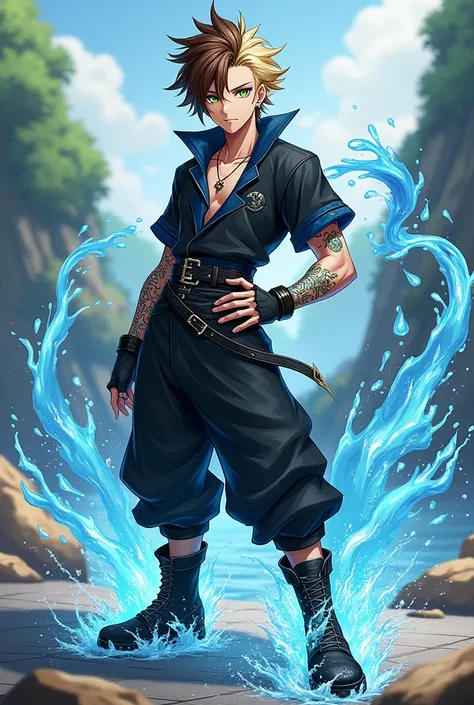 Create a Genshin Impact character. The man has two-toned hair!!!, blonde on the left and brown on the right.!!!!!! He mostly wears black and blue baggy clothing. He has water powers, and his weapon is a sword. Show him standing completely. Make him like a ...