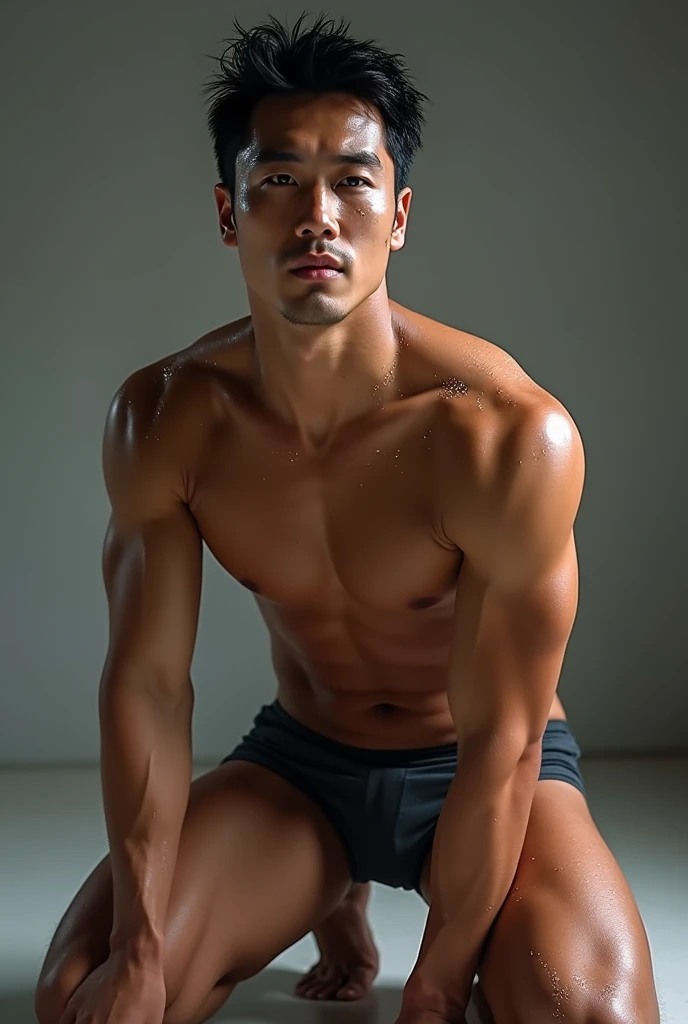 A hot asian hunk around 30 years old that looks like a coach wearing a skimpy shorts with his underwear showing and no shirt on, sweaty and is kneeling.