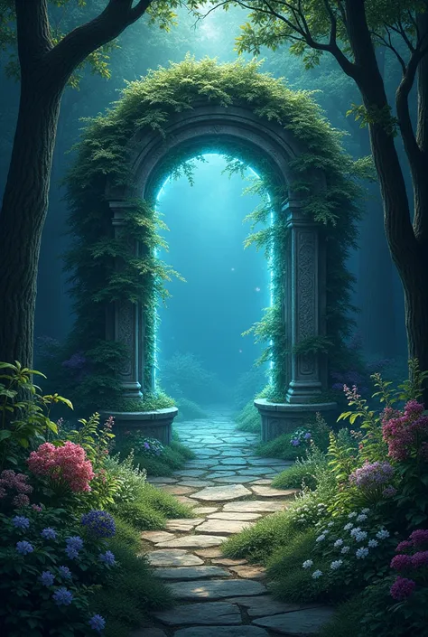 a secret garden with a night portal