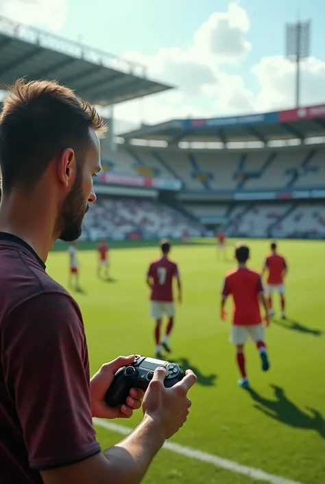 Create a soccercoach that is appearing to be remote controlling the soccerplayers on the pitch with a controller. It must be from a regular amateur game and the players are kids. There are only very few people watching and a very minimalistic stadium. 
The...