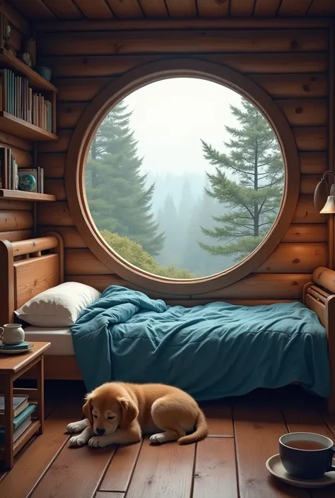 (best quality,4K,8K,high resolution,masterpiece),Extremely detailed,Clear focus,Lodge，Room，A round window，You can see the trees outside，a bed，Pillow，Messy Blue Quilt，Wooden floor，bookcase，Tea桌，桌上有Tea杯，Tea，cloudy day，ceiling，Without sunlight，no sun，No sun，N...