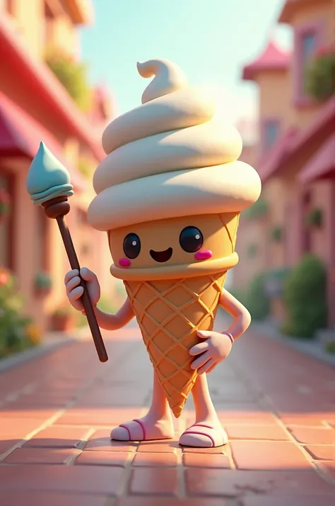 Ice cream holding a skewer in hand 