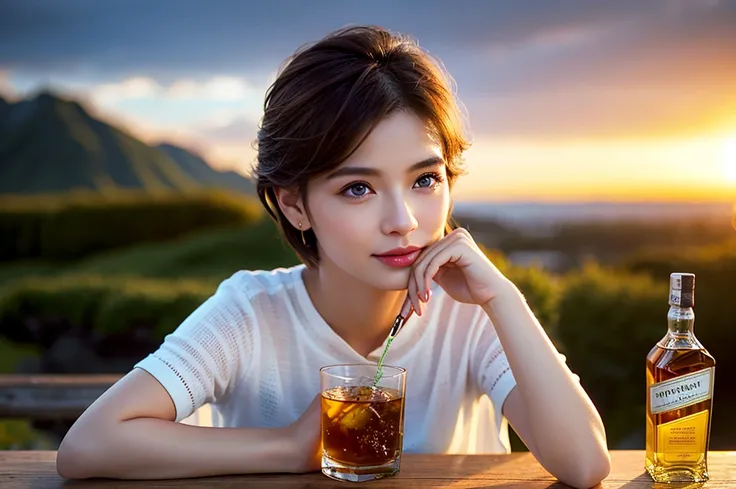 8k,Brown short hair,The best smile、Japanese actress,Super Beauty(Like the real thing),Short sleeve dress,Whiskey bottles、The Macallan、Johnnie Walker、、Old Parr、whiskey、Suntory、Nikka、Slim couple、Model Couple、(Realistic, Intricate details:1.2), full-course di...