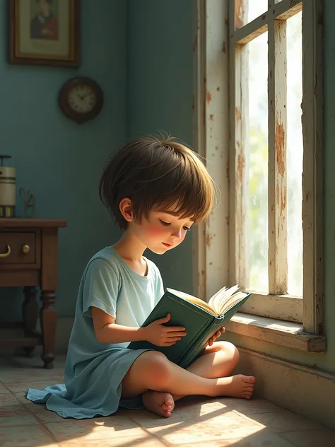 a young boy with light blue dress sitting next to a wooden window reading a book