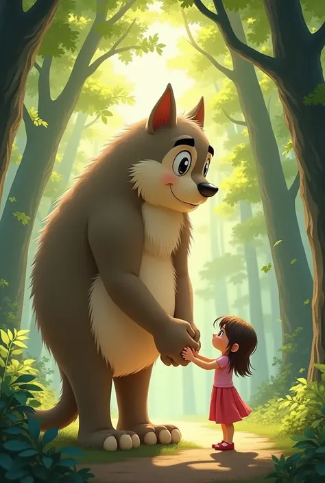 Depict a heartwarming image of cute human cartoon giant and a young girl meeting for the first time, with  cute human cartoon giants large hand gently shaking young girls small hand, amidst a backdrop of tall trees.