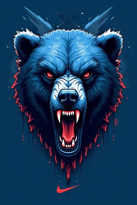 Blue Nike shirt with random secondary color, with scary bear as logo
