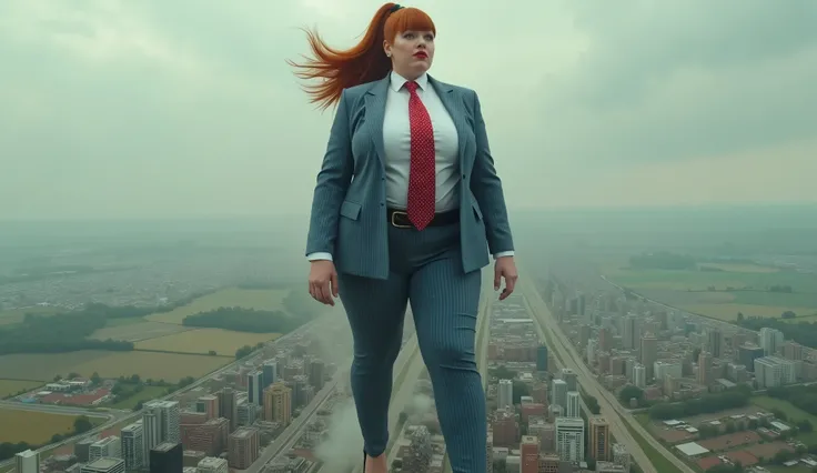 1 girl tie  beautiful curves a massive curvy thighs redhead ponytail red lips wearing a perfect light navy blue pinstriped suit and blazer with a ((massive thick and  massive windosr knot red tie with white dots)) light blue shirt massive breasts. Platform...