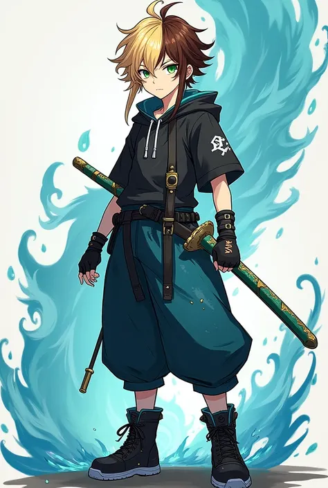 Create a Genshin Impact character. The man has two-toned hair!!!, blonde on the left and brown on the right.!!!!!! He mostly wears black and blue baggy clothing. He has water powers, and his weapon is a sword. Show him standing completely. Make him like a ...