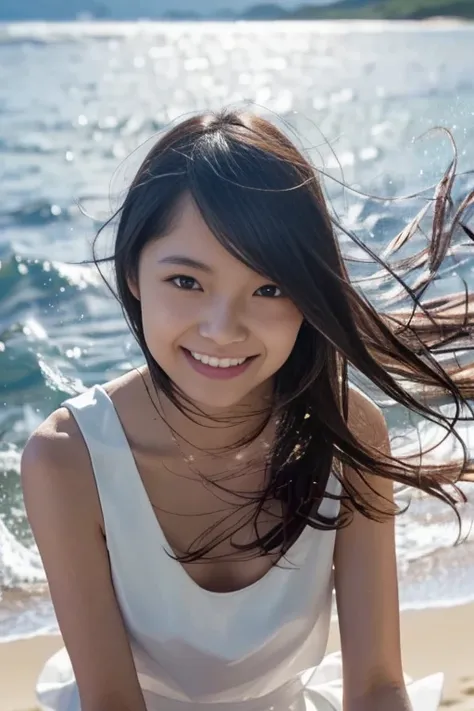 Real Photo,High resolution, Anatomically correct, High detail, Highest quality, A 20-year-old pure Japanese woman, Gentle smile, White sleeveless long dress, Slightly larger breasts, Late summer beach, Natural beaches, Blowing in the fresh breeze, Dramatic...