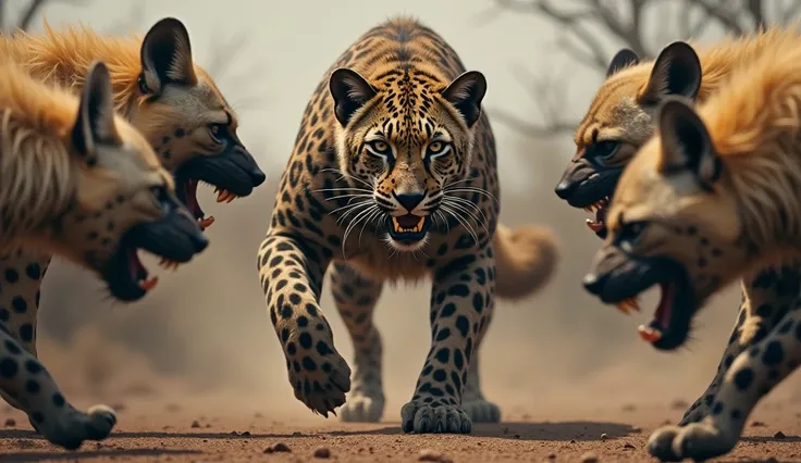 Bad and ugly leopard in front of bad hyenas group  looking towards the bad leopard.