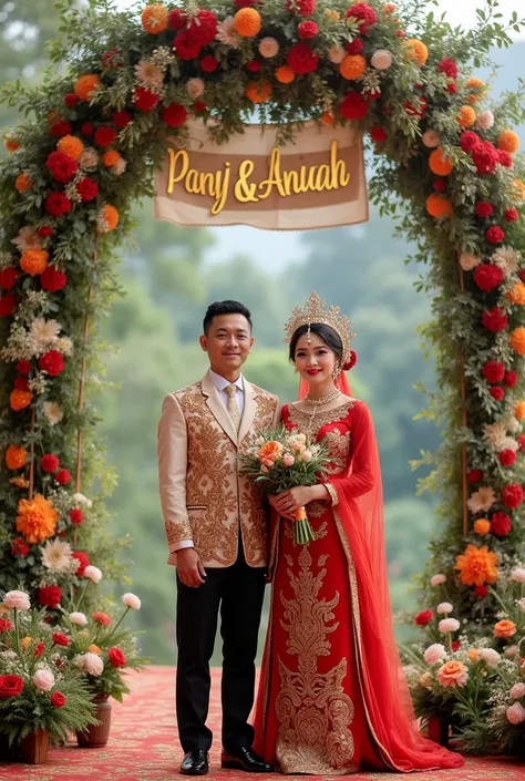 Indonesian wedding photo of a thin groom and bride with Sundanese traditional wedding decorations and behind there is a decoration that says Panji & Aniah