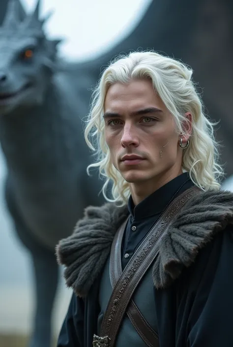 A Valyrian man of 25, born in Essos with white hair, wavy, at neck height; amber eyes; a scar on the right side of the jaw; um piercing no nariz; wearing clothes from House Velaryon and in the background the dragon Grayghost 