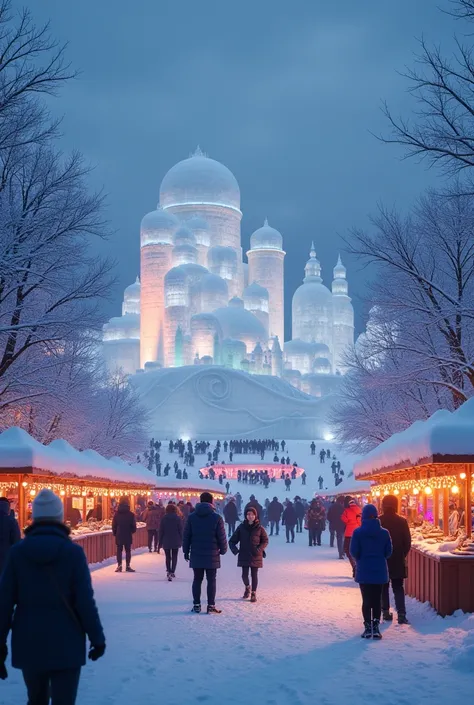 Sapporo in winter、Scenes from the Snow Festival held at Odori Park。Huge sculptures made of snow line the park、At night, it is colorfully lit up.、A fantastic atmosphere spreads。Trees surrounding the park々is covered with snow、As the cold air stings my cheeks...