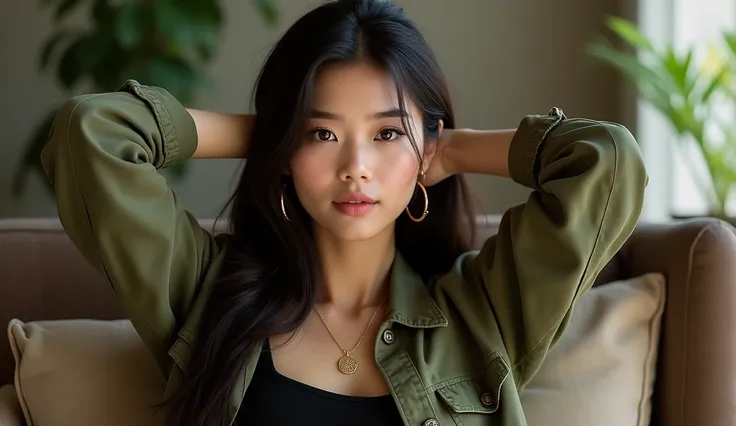 wearing an olive green jacket over a black top, gold hoop earrings, a gold necklace with a circular pendant, long dark hair, smooth skin, posing with hands behind her head, sitting indoors, soft natural lighting, relaxed atmosphere, front view, close-up sh...