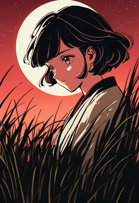 japanese hanafuda art style,white moon on red sky,a pretty samurai girl on pampas grass hill