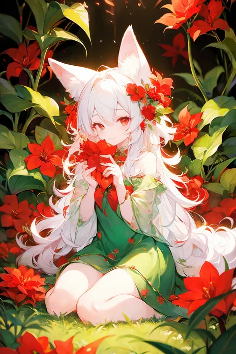 (masterpiece, Best quality),1 girl with long white hair sitting in a field of green plants, fox ears and tail, smiles, red, Red flowers, Red eyes, detailed light