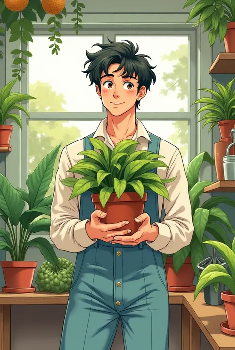 90s retro anime art style, watercolor style, illustration of a man, plant store setting, holding a plant, cute illustration, splashes of metallic colors