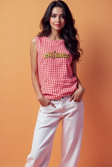 A young Pakistani model girl wearing sleeveless pink and red checkered t-shirt. Theres a word "ENJINE" printed in the middle with golden color. And wearing white denim loose jeans.  And red sneakers. 