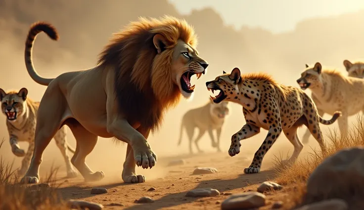 Brave loin fighting with group of hyenas and the leader of hyenas group is a leopard.