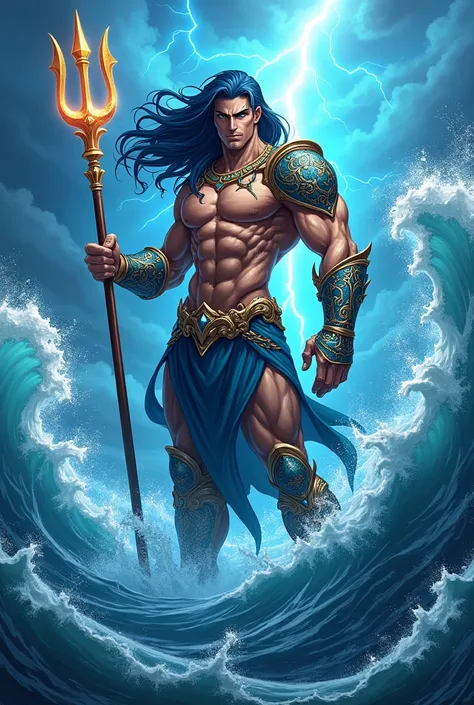 Here’s a prompt for creating an anime AI art of Poseidon:

"A powerful, handsome anime-style depiction of Poseidon, the Greek god of the sea. He has a tall, muscular physique with chiseled features and flowing, dark blue hair. His piercing, ocean-blue eyes...