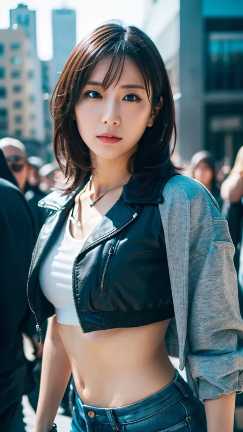 Aya Brea, One girl, 一人in, Crop top jacket, bracelet, necklace, (Possession of a gun), Looking_in_Audience, Realistic, upper_body, (masterpiece:1.2), (Highest quality), (Super detailed), (8k, 4K, intricine), (Very detailed:1.2),(Detailed face:1.2), (Urban B...