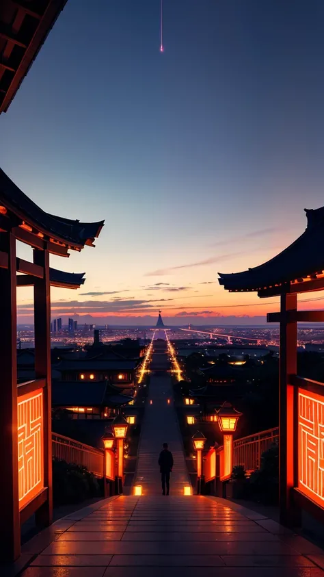 Twilight, Cityscape, A scenic observation deck, Illuminated Path, Distant city lights, Red Torii Gate, People walking々, Evening sky, Multicolored clouds, Serene atmosphere, Text Overlay, Warm and cool tones, Gentle lighting, urban landscape background, Sof...