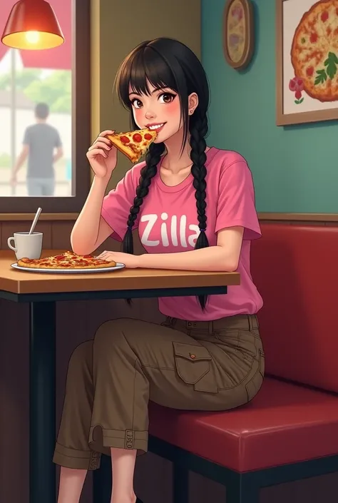 Create a full body A young Thai smiling woman is wearing a pink t-shirts and white says written " Zilla " , wearing brown cargo pants and black high heels, black braids hairstyles, sitting in the restaurant eating pizza, Looking at the camera.