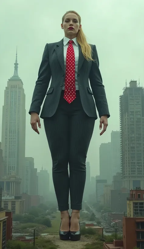 1 girl tie  beautiful curves a massive curvy thighs blonde ponytail red lips wearing a perfect light black pinstriped suit and blazer with a ((massive thick and  massive windosr knot red tie with white dots)) black shirt massive breasts. Platform high heel...