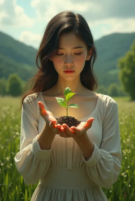 woman raising a tree from her hand、realistic