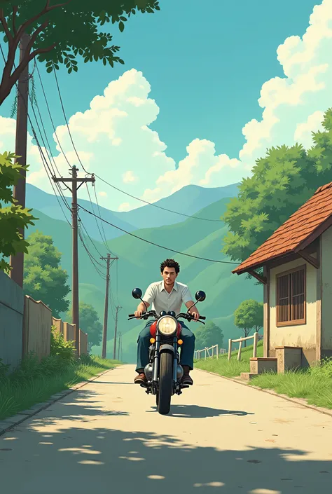 Studio Ghibli Digital art of a man on Royal Enfield motor bike,Afternoon time ,A patrol station in the side , View from Dept angle,Digital art ghibli style