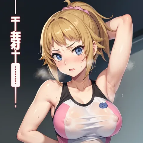 sauce_anime_Hoshino Fumina, One Woman, Beautiful woman, Detailed face, White skin, Tight tank top,Nipples are erect,View your viewers, high quality,Sweaty,Sweaty,Angry expression, Sticky,((Show off your armpits)),Nipples are visible,steam,sweat,((Arms behi...