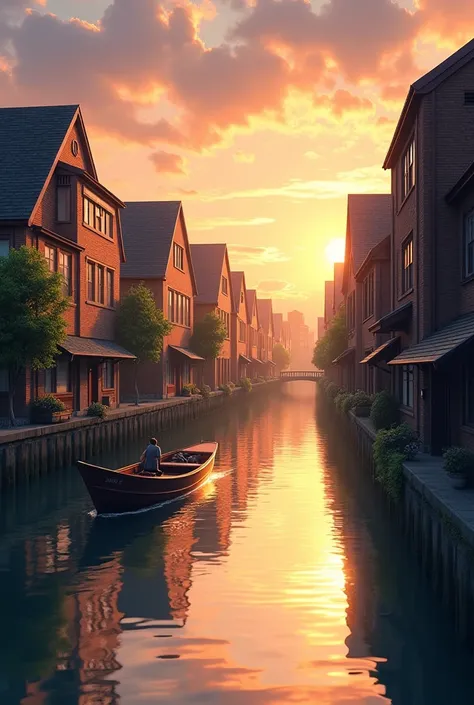 「Summer evening、Scenery along the Otaru Canal。Old brick warehouses line the canal、The silhouette of the building is reflected on the calm water.。The setting sun paints the canal golden、The warm light reflects off the water&#39;s surface, sparkling。A small ...